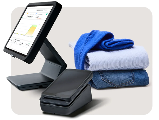 GoldPOS terminal and card reader beside folded clothing